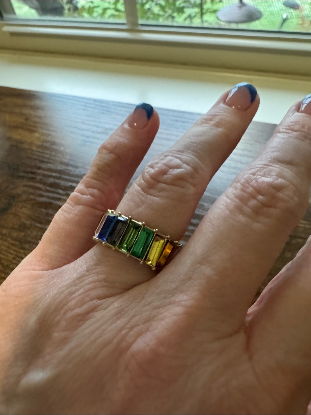 Multi Gemstone Baguette Eternity Band Gold Tone Ring Sz 7